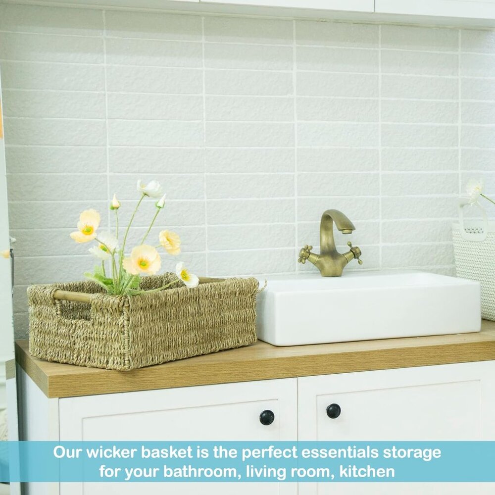 Large Natural Wicker Basket Rectangular with Wooden Handles, Seagrass Storage fo - Picture 6 of 9